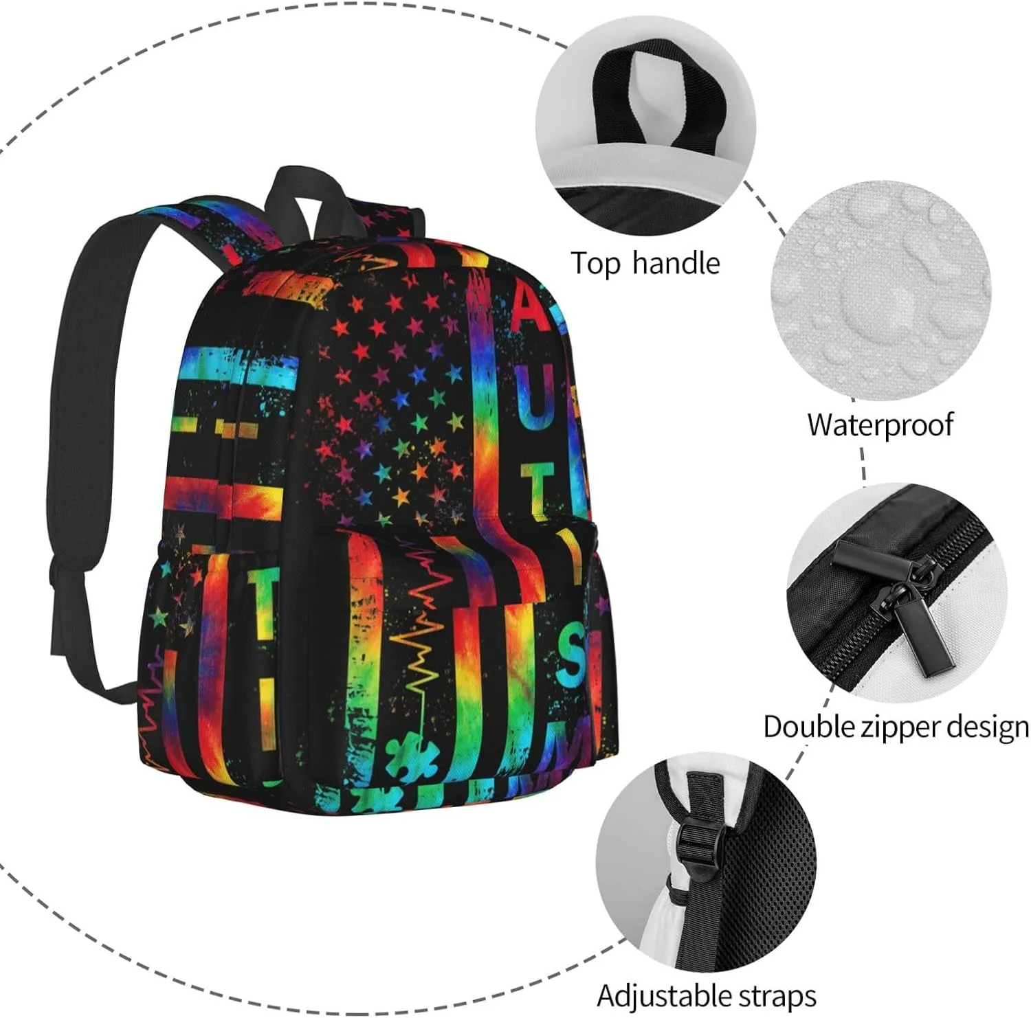 Autism Awareness Backpacks Laptop Casual Daypack Travel Backpack Autism Sling Bag with Multiple Pockets