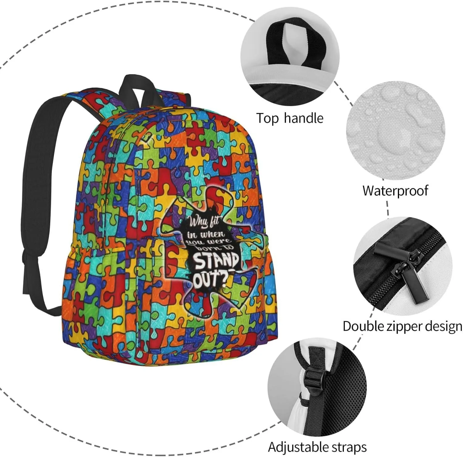 Autism Awareness Backpacks Laptop Casual Daypack Travel Backpack Autism Sling Bag with Multiple Pockets