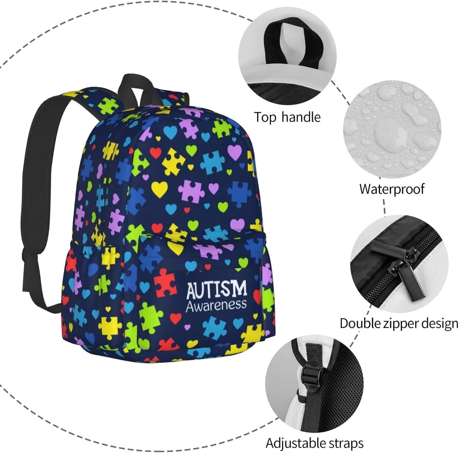 Autism Awareness Backpacks Laptop Casual Daypack Travel Backpack Autism Sling Bag with Multiple Pockets