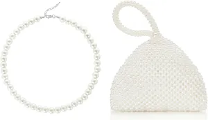 BABEYOND Round Imitation Pearl Necklace Wedding Pearl Necklace for Brides Pearl Clutch Purse Evening Bags for Women Elegant Triangle Purse