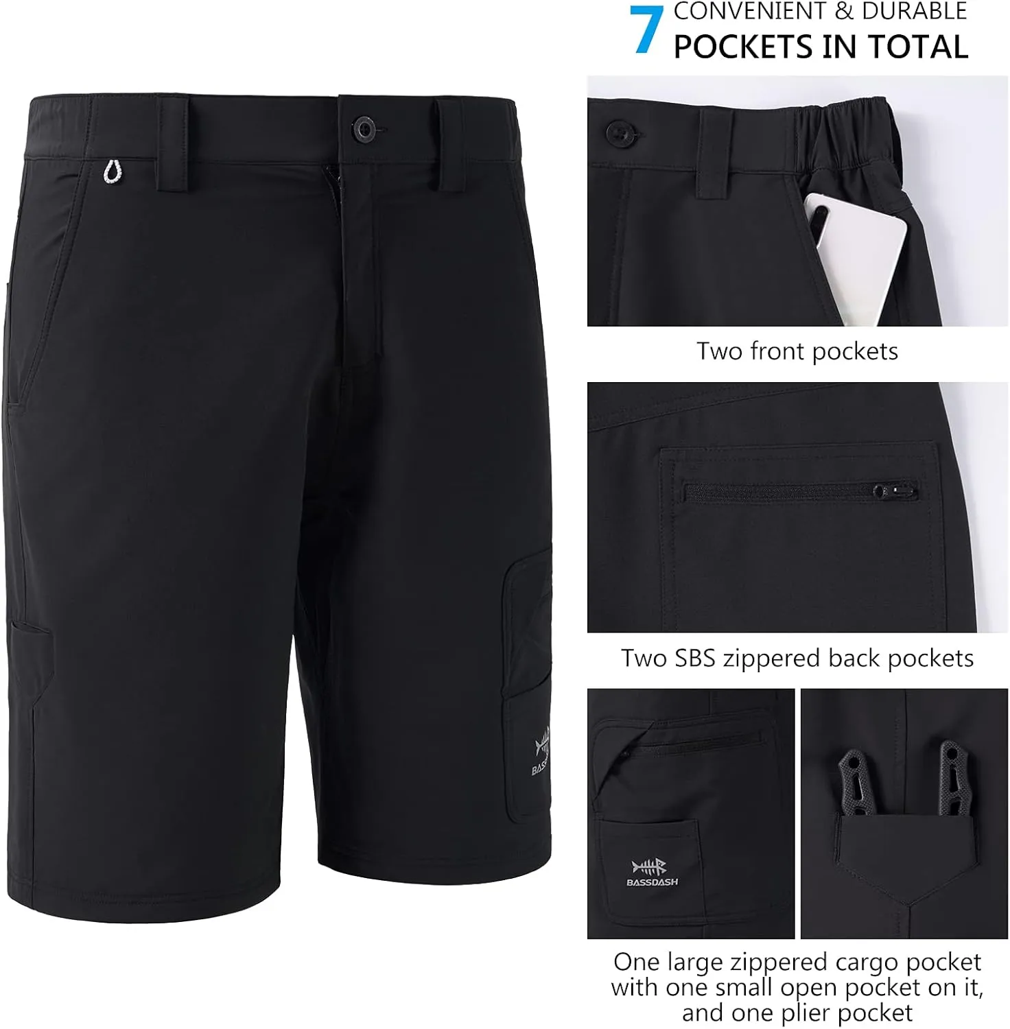 BASSDASH 10.5 Mens Fishing Cargo Shorts Quick Dry UPF 50  Water Resistant FP01M