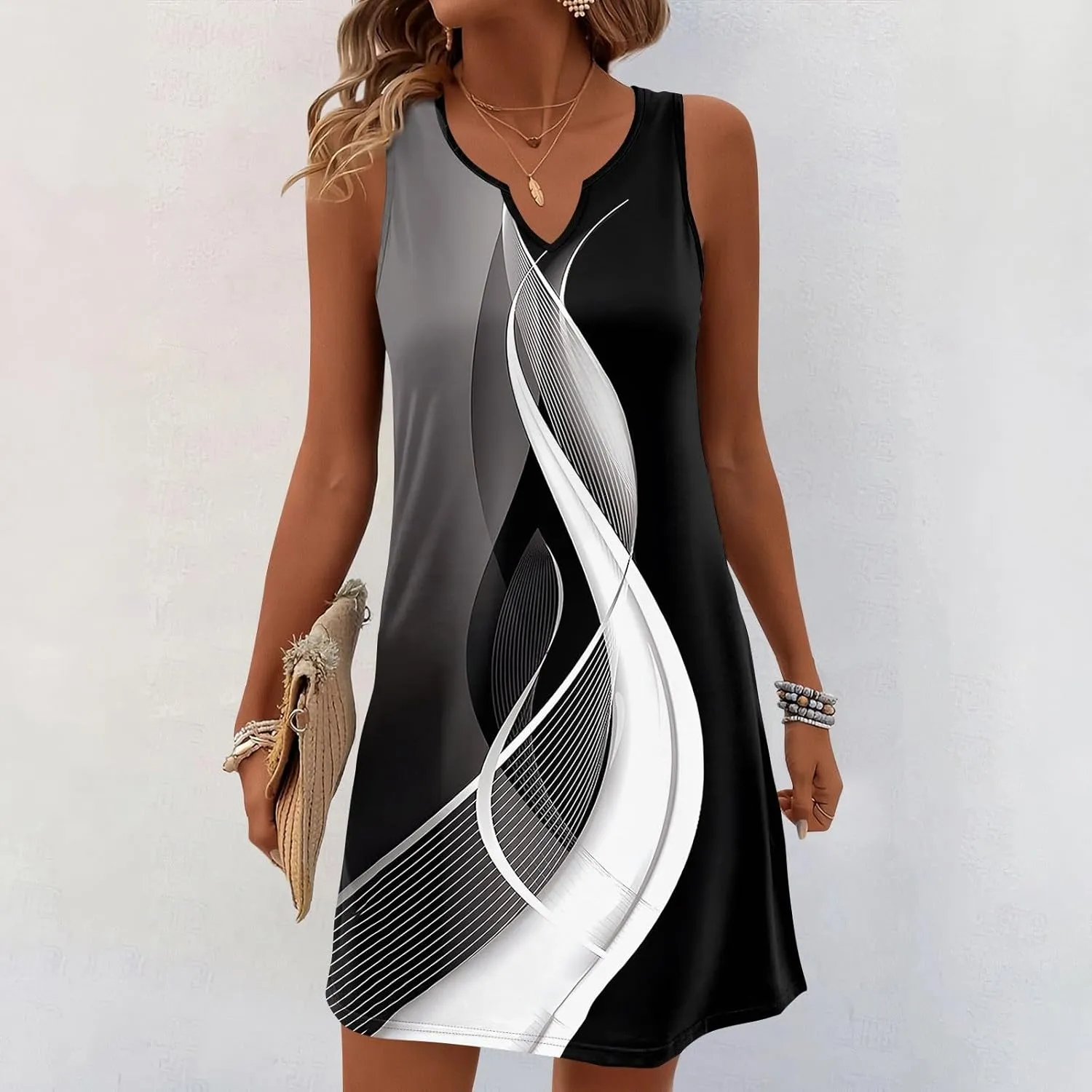 Beachy Dresses for Women 2025 Summer V-Neck Geometric Print Sleeveless Tank Mini Sundress,S-3XL