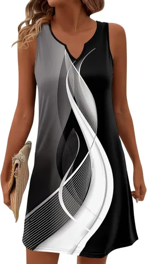 Beachy Dresses for Women 2025 Summer V-Neck Geometric Print Sleeveless Tank Mini Sundress,S-3XL
