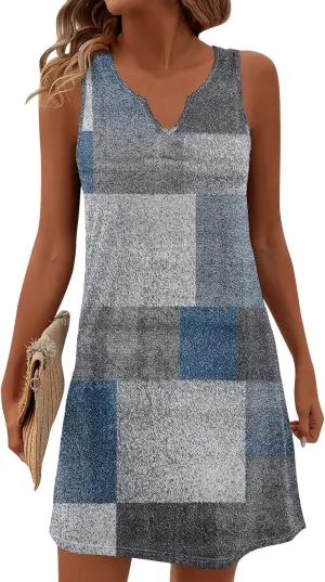 Beachy Dresses for Women 2025 Summer V-Neck Geometric Print Sleeveless Tank Mini Sundress,S-3XL