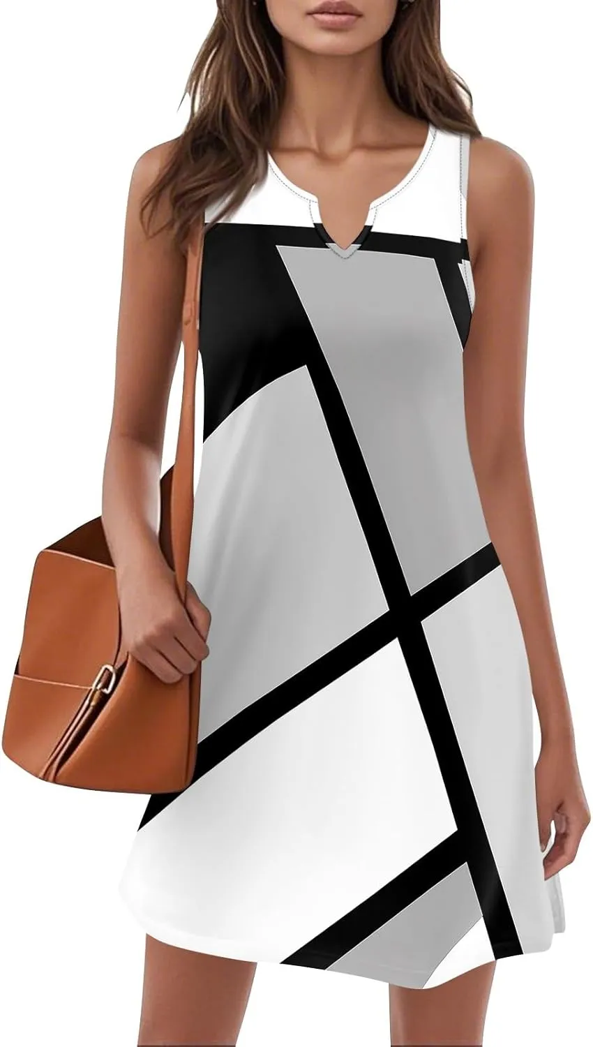 Beachy Dresses for Women 2025 Summer V-Neck Geometric Print Sleeveless Tank Mini Sundress,S-3XL