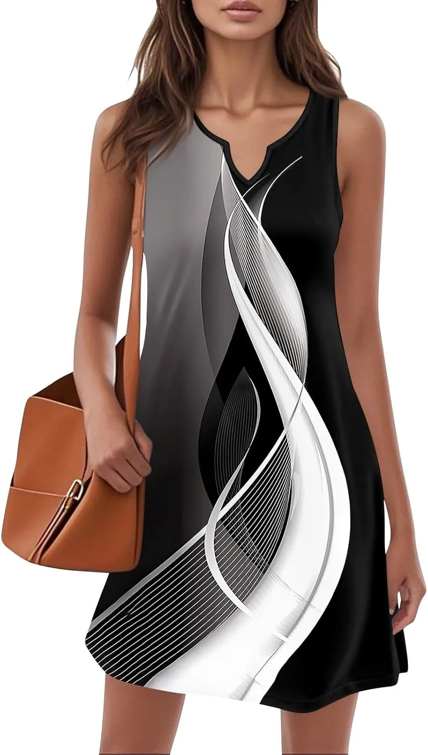 Beachy Dresses for Women 2025 Summer V-Neck Geometric Print Sleeveless Tank Mini Sundress,S-3XL