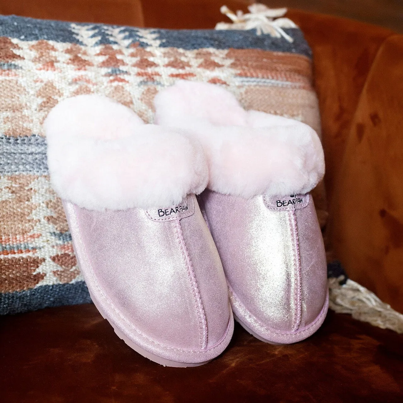 BEARPAW WOMEN'S LOKI SUEDE SLIDE SLIPPERPINK LEOPARD GLITTER