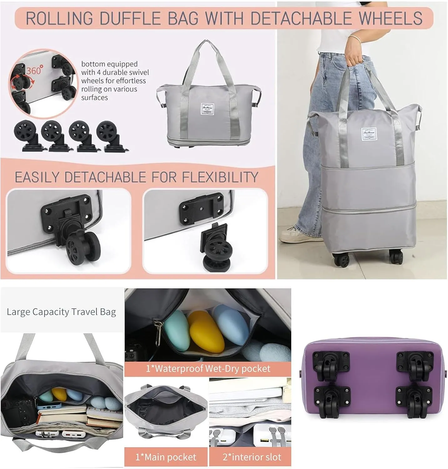 Beente Travel Bag With Wheels,Carry on Duffle Bag with Wheels, 2025 New Large Capacity Travel Bag - Universal Wheel Removable (Gray)