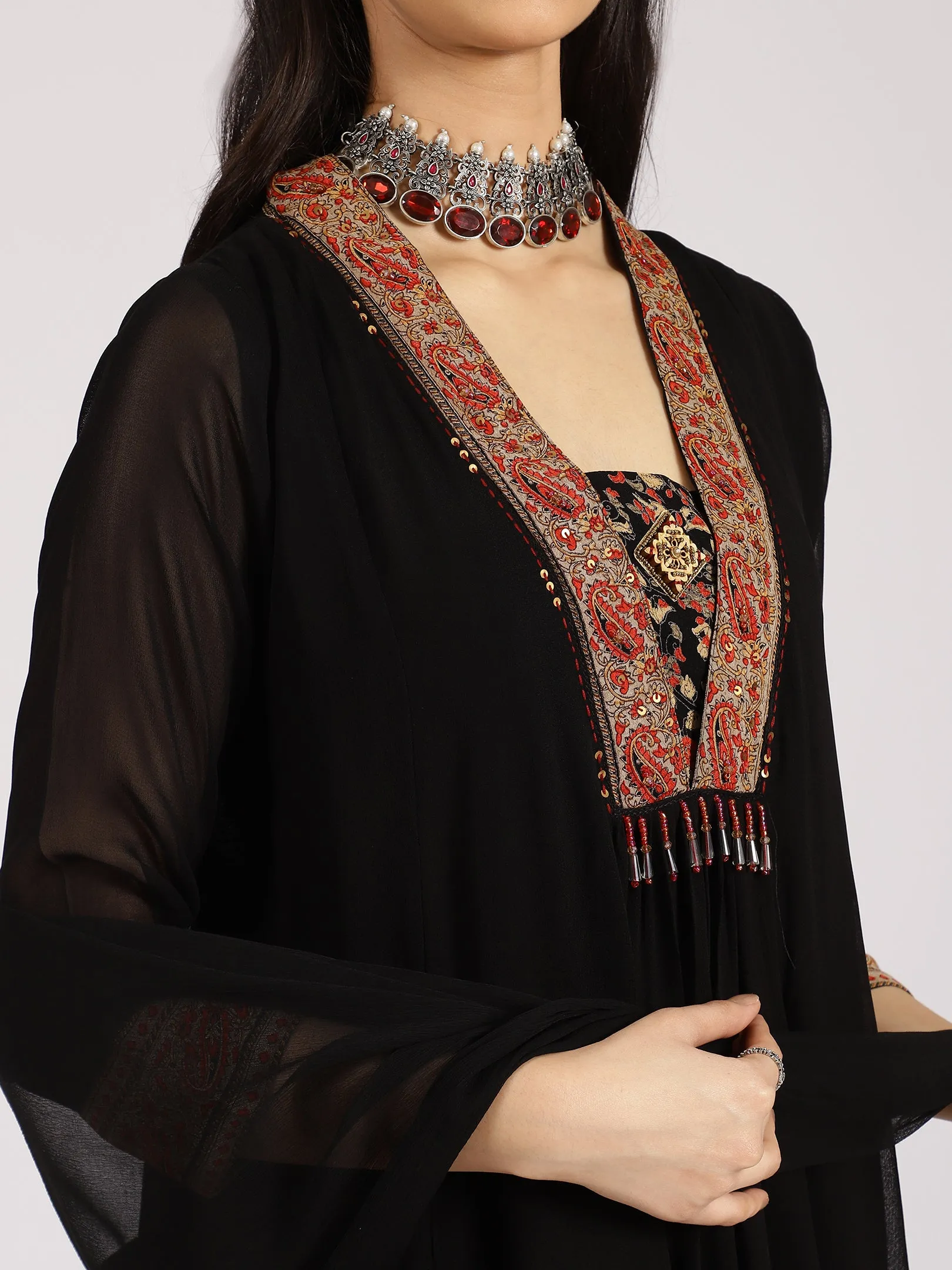 Black Layered Ethnic Kurta with Floral Printed Palazzo