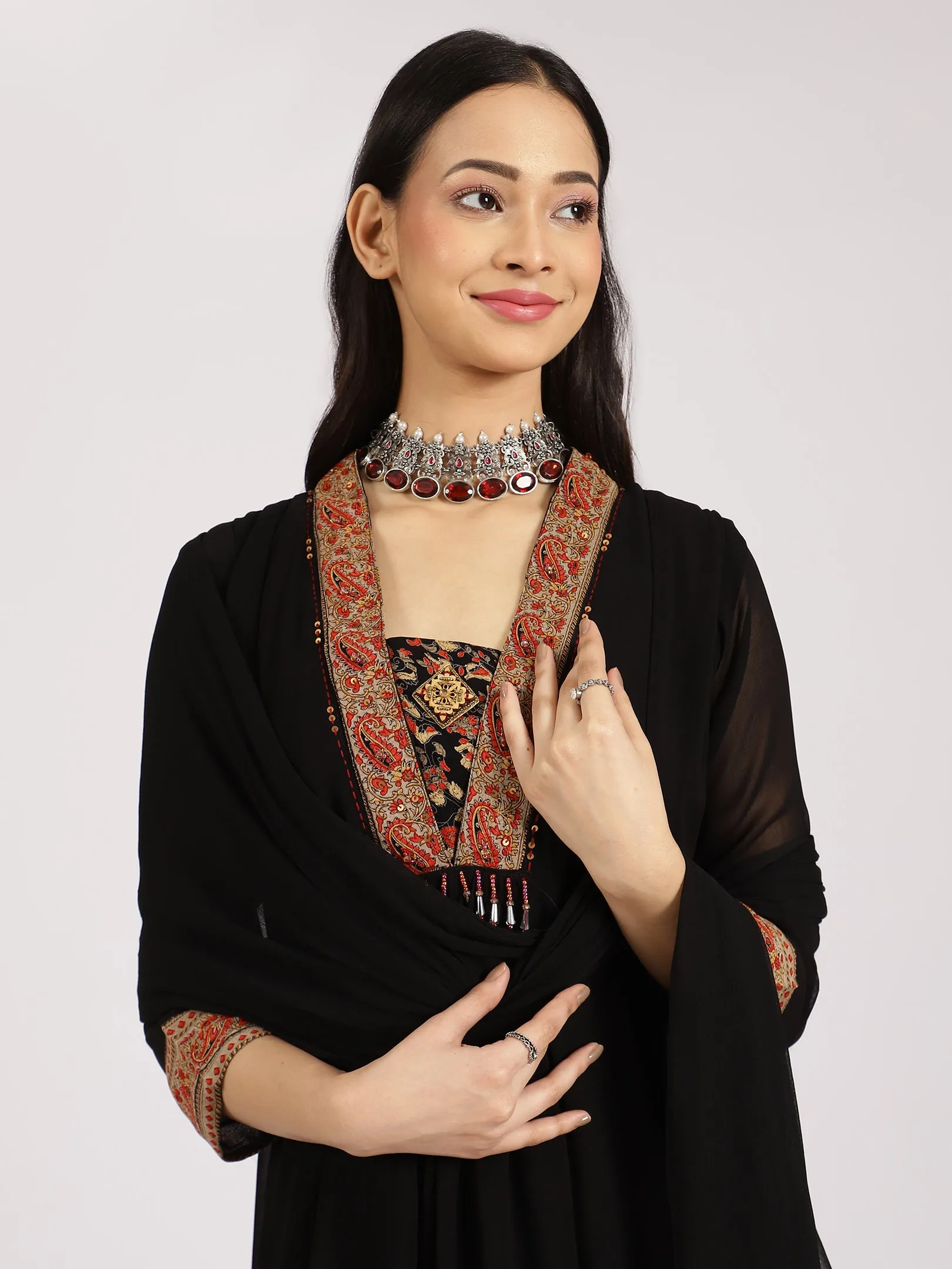 Black Layered Ethnic Kurta with Floral Printed Palazzo