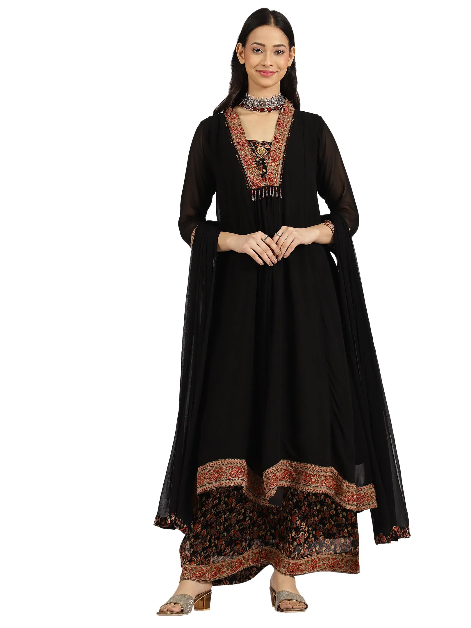 Black Layered Ethnic Kurta with Floral Printed Palazzo
