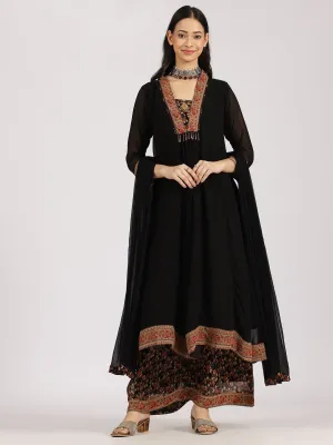 Black Layered Ethnic Kurta with Floral Printed Palazzo