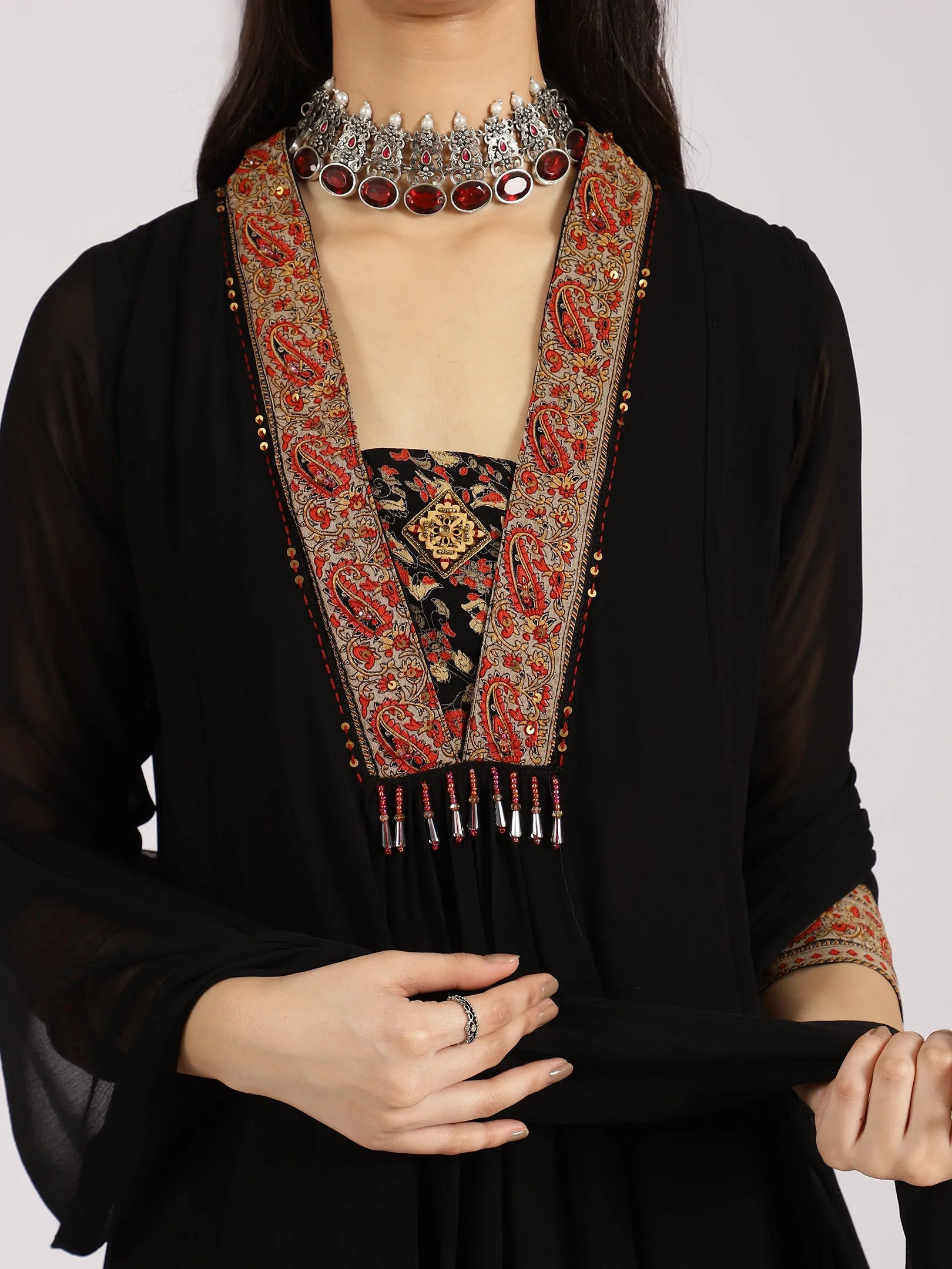 Black Layered Ethnic Kurta with Floral Printed Palazzo
