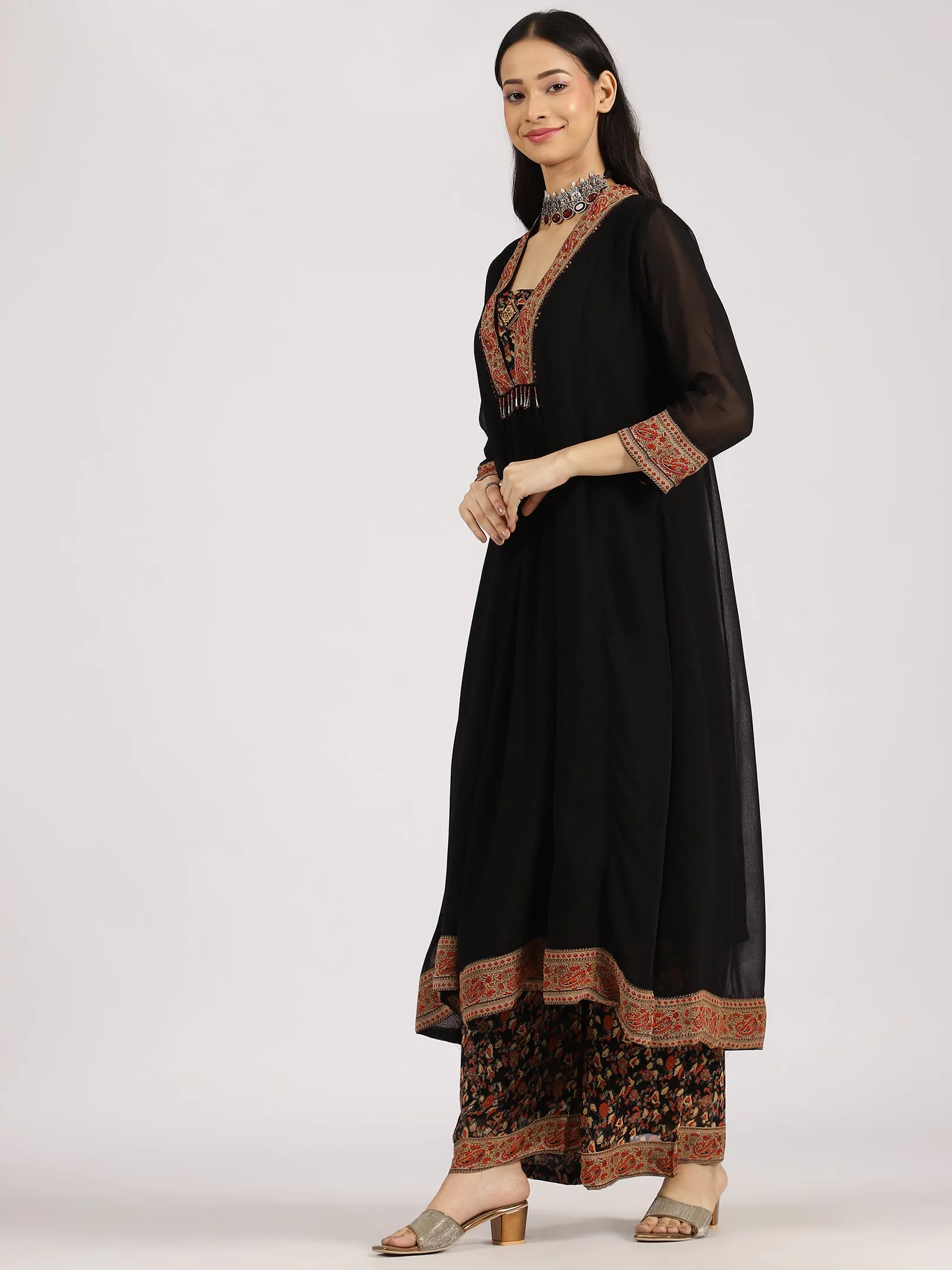 Black Layered Ethnic Kurta with Floral Printed Palazzo