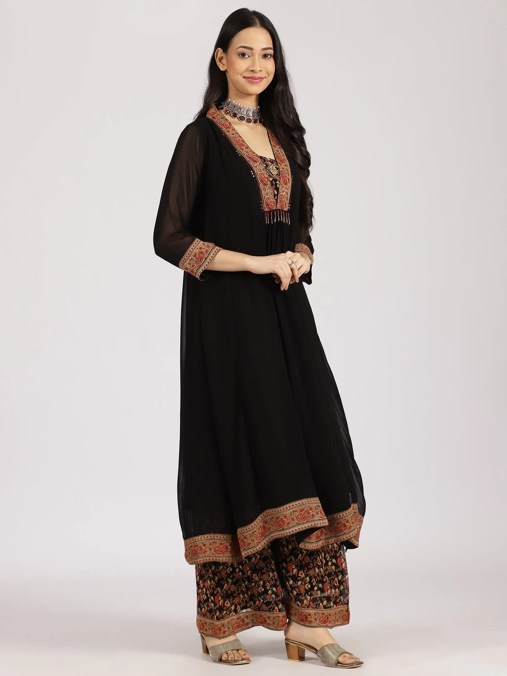 Black Layered Ethnic Kurta with Floral Printed Palazzo