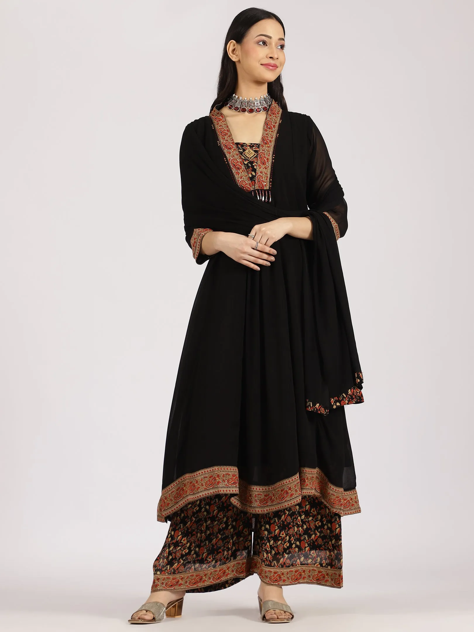 Black Layered Ethnic Kurta with Floral Printed Palazzo