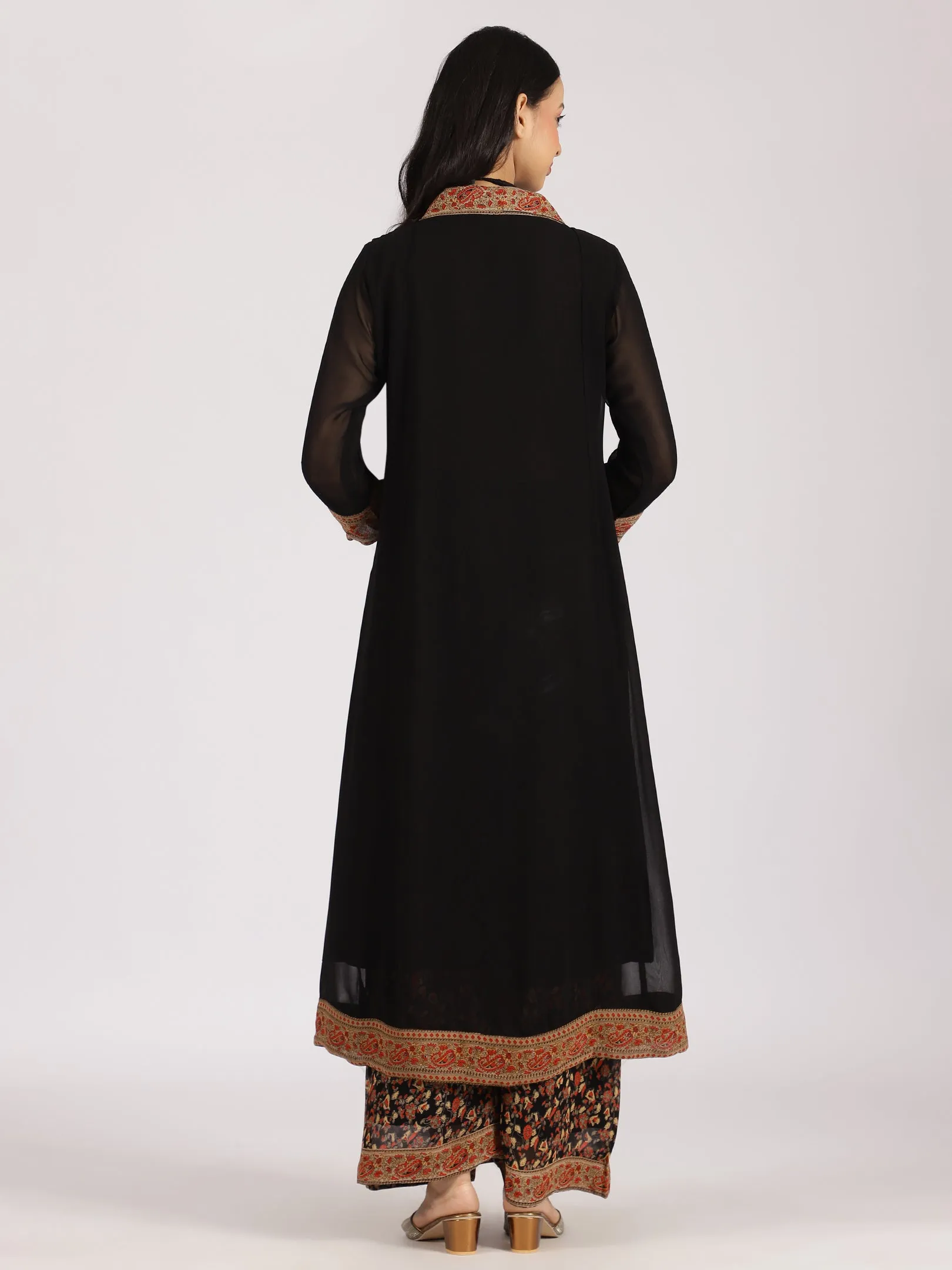 Black Layered Ethnic Kurta with Floral Printed Palazzo