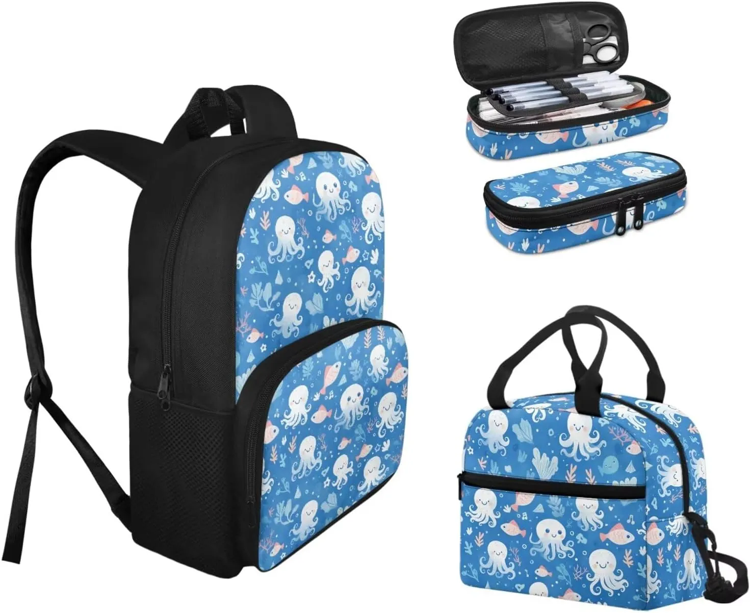 Blue Octopus Fish Backpack with Lunch Box and Pencil Box Personalized 3 in 1 Cool Light & Comfy Bookbag for School Travel 15 Inch School Bag Set for Kids