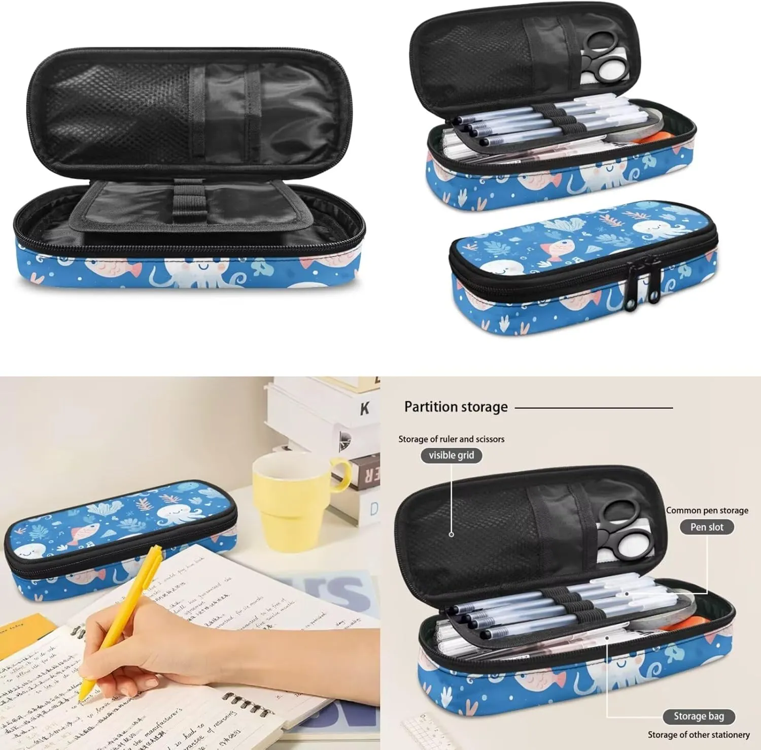 Blue Octopus Fish Backpack with Lunch Box and Pencil Box Personalized 3 in 1 Cool Light & Comfy Bookbag for School Travel 15 Inch School Bag Set for Kids