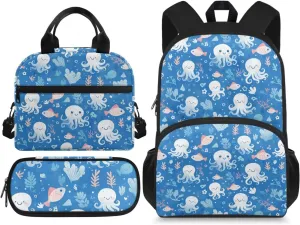 Blue Octopus Fish Backpack with Lunch Box and Pencil Box Personalized 3 in 1 Cool Light & Comfy Bookbag for School Travel 15 Inch School Bag Set for Kids