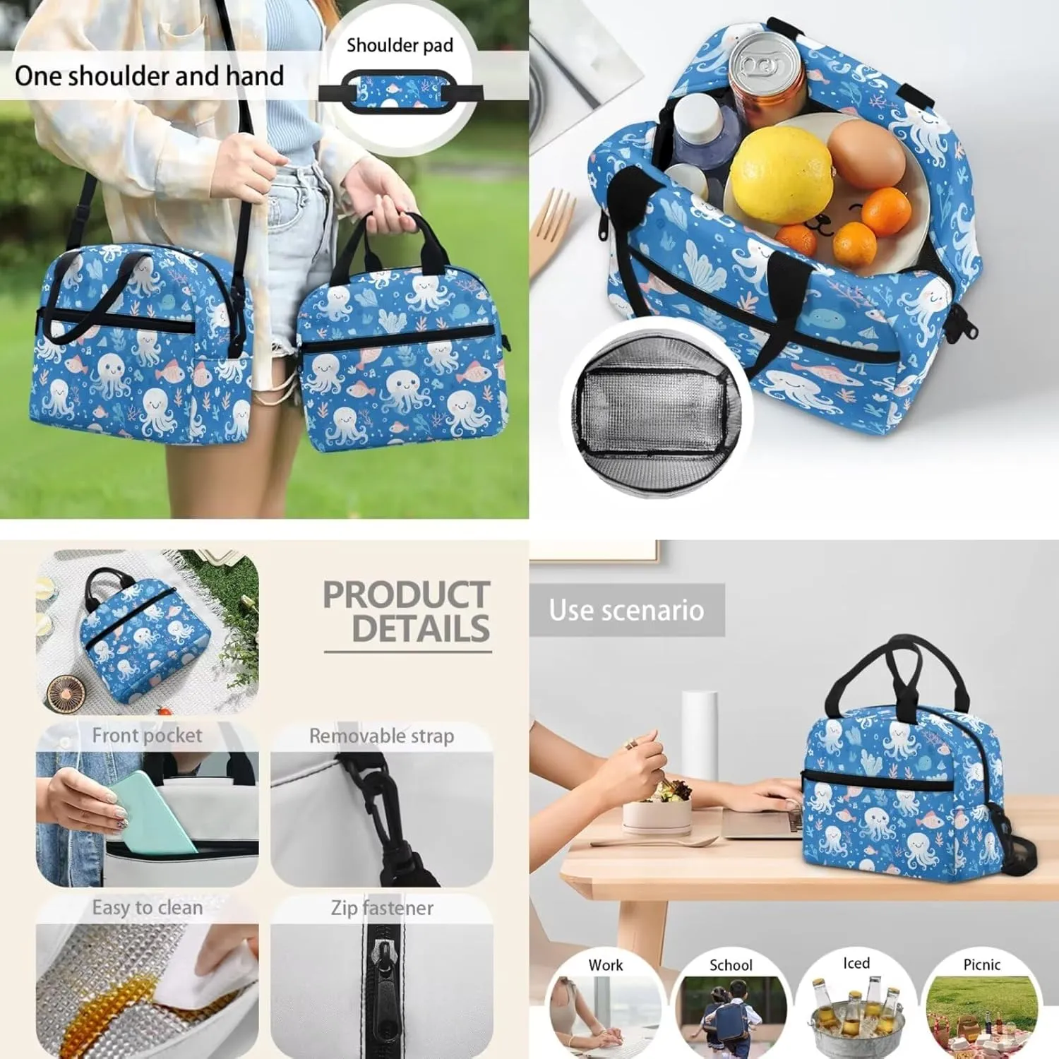 Blue Octopus Fish Backpack with Lunch Box and Pencil Box Personalized 3 in 1 Cool Light & Comfy Bookbag for School Travel 15 Inch School Bag Set for Kids