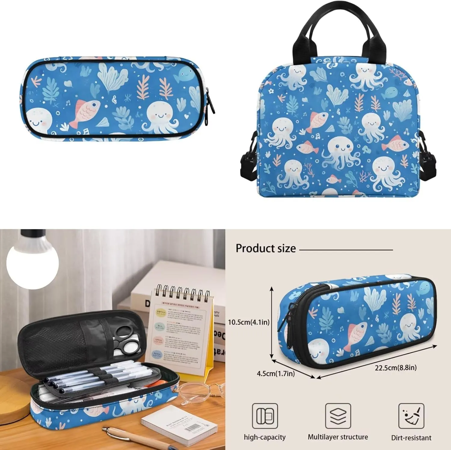 Blue Octopus Fish Backpack with Lunch Box and Pencil Box Personalized 3 in 1 Cool Light & Comfy Bookbag for School Travel 15 Inch School Bag Set for Kids