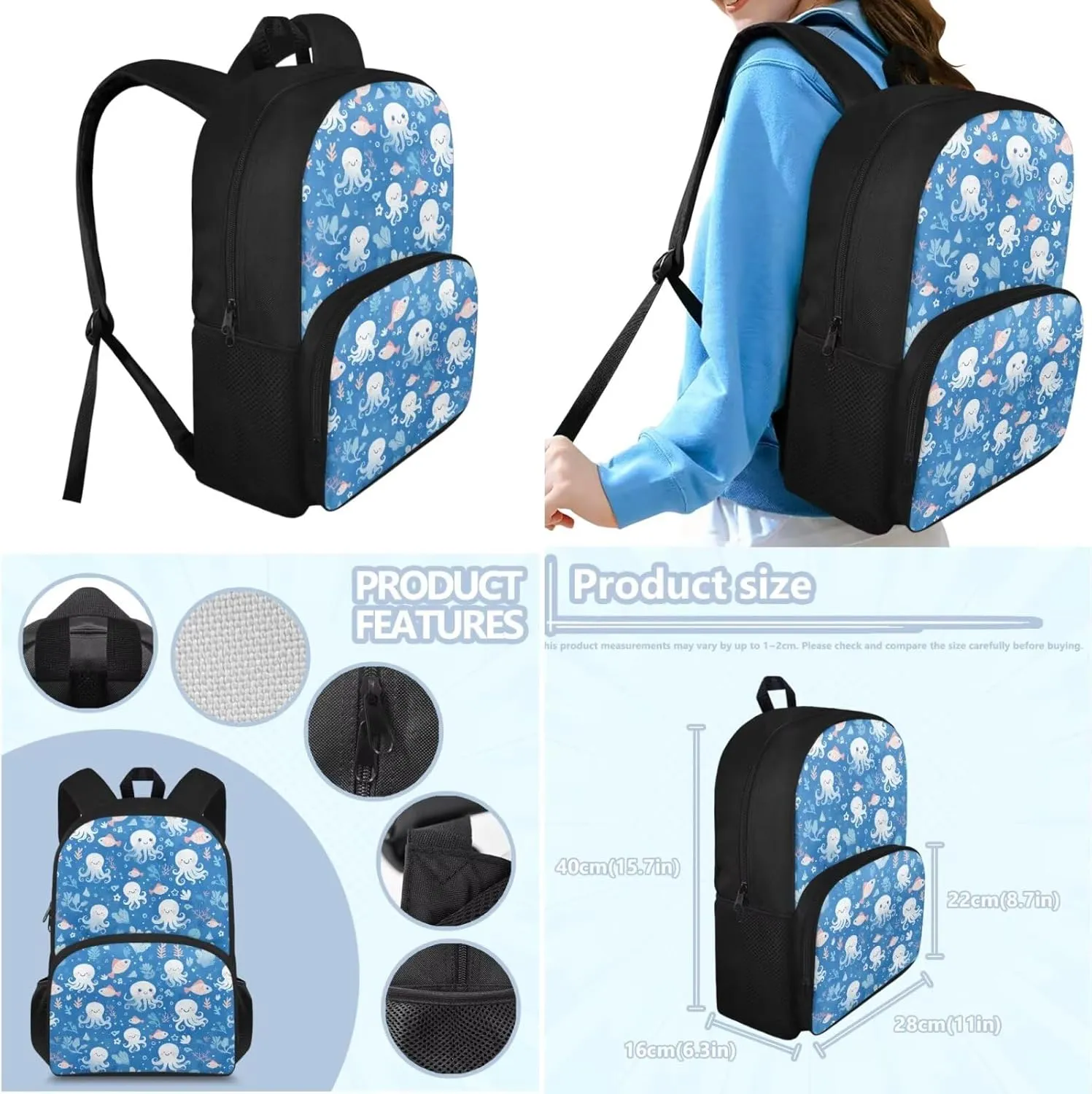 Blue Octopus Fish Backpack with Lunch Box and Pencil Box Personalized 3 in 1 Cool Light & Comfy Bookbag for School Travel 15 Inch School Bag Set for Kids