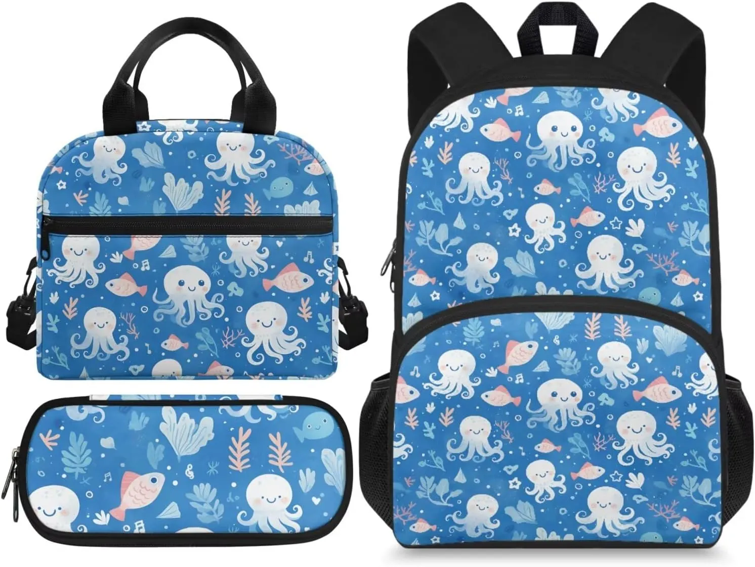 Blue Octopus Fish Backpack with Lunch Box and Pencil Box Personalized 3 in 1 Cool Light & Comfy Bookbag for School Travel 15 Inch School Bag Set for Kids