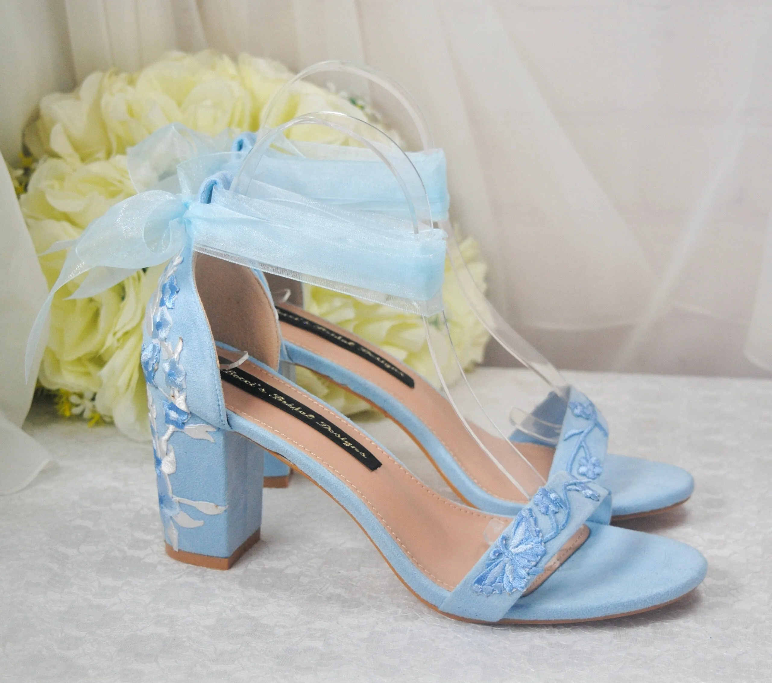 Blue Suede Bridal Sandals with Floral Embroidery UK4 / US6.5