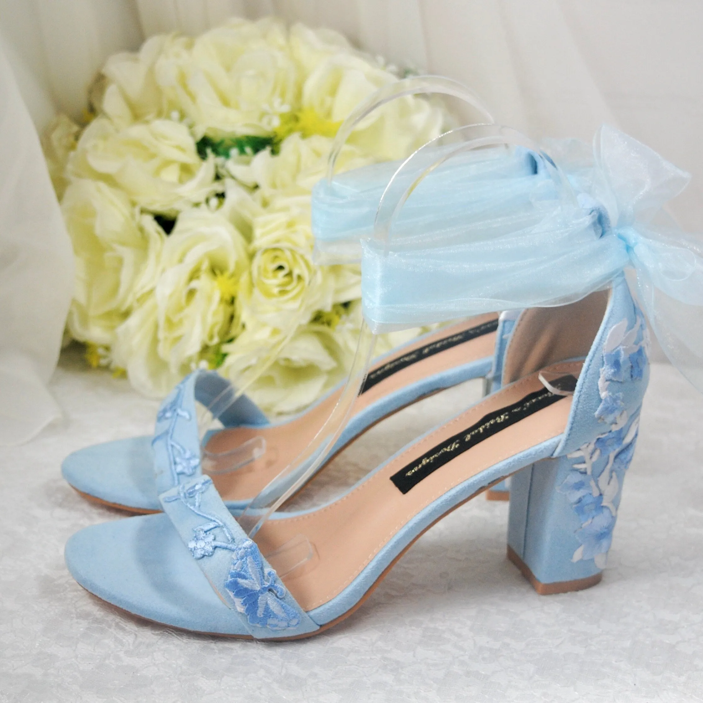 Blue Suede Bridal Sandals with Floral Embroidery UK4 / US6.5