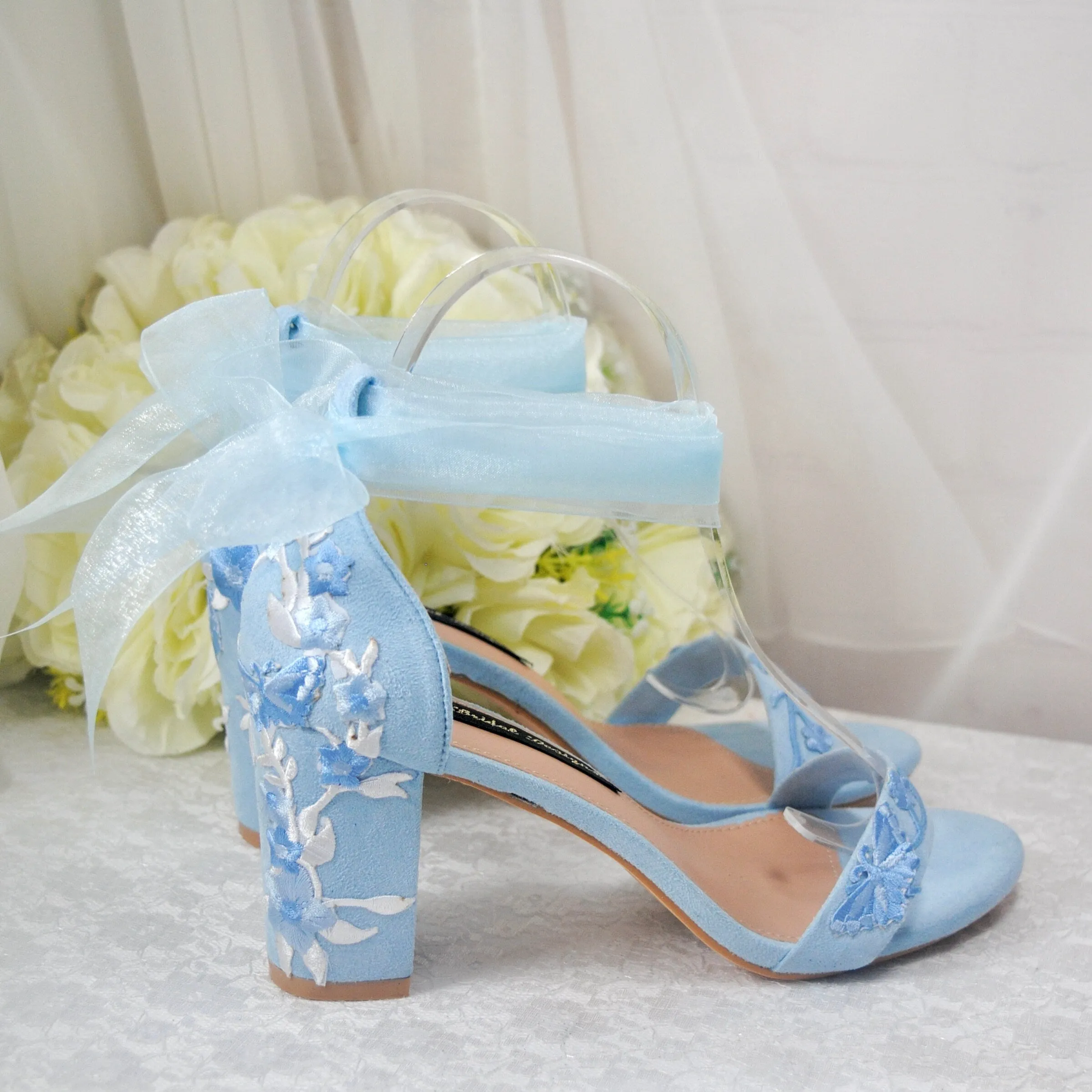 Blue Suede Bridal Sandals with Floral Embroidery UK4 / US6.5