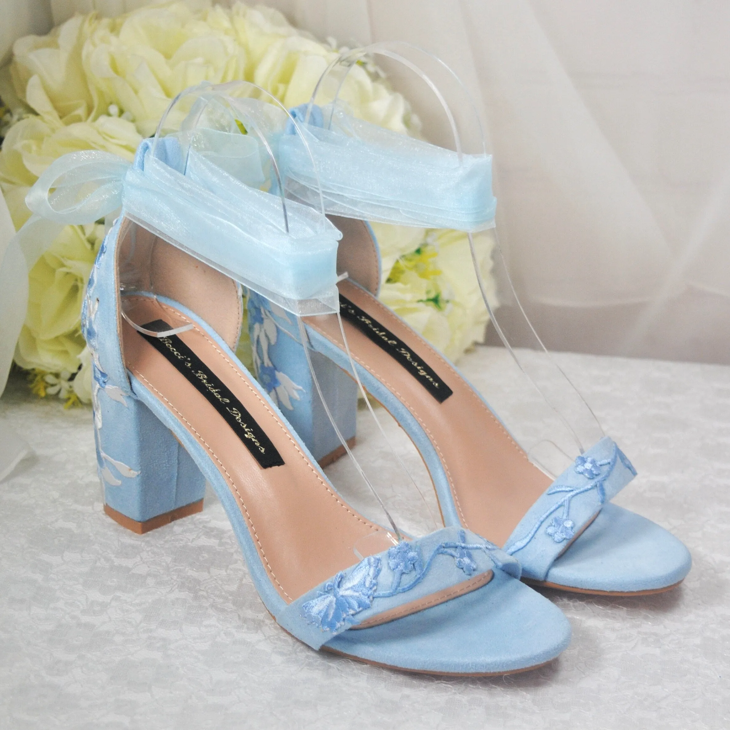 Blue Suede Bridal Sandals with Floral Embroidery UK4 / US6.5