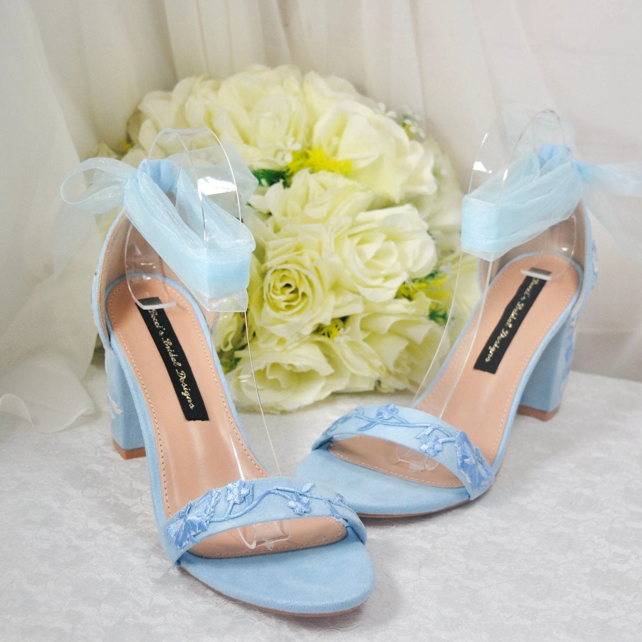 Blue Suede Bridal Sandals with Floral Embroidery UK4 / US6.5