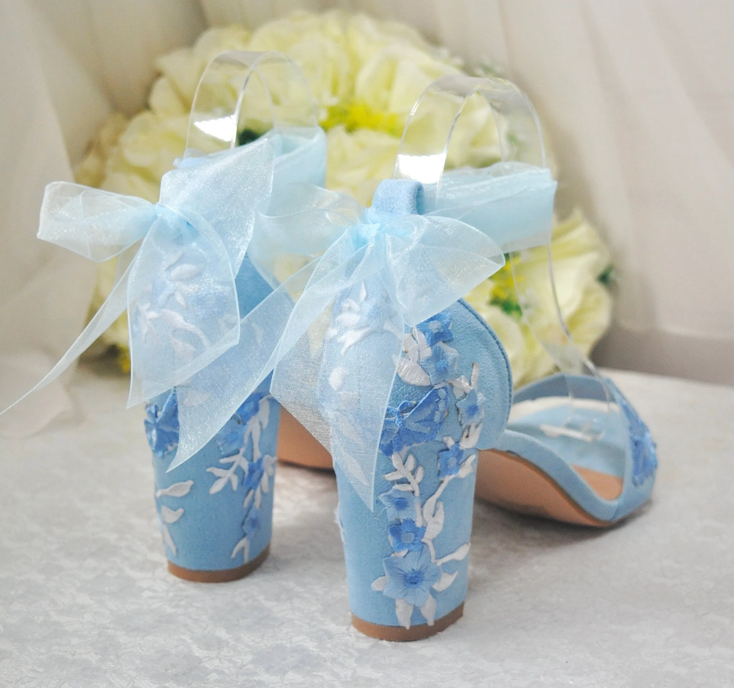 Blue Suede Bridal Sandals with Floral Embroidery UK4 / US6.5