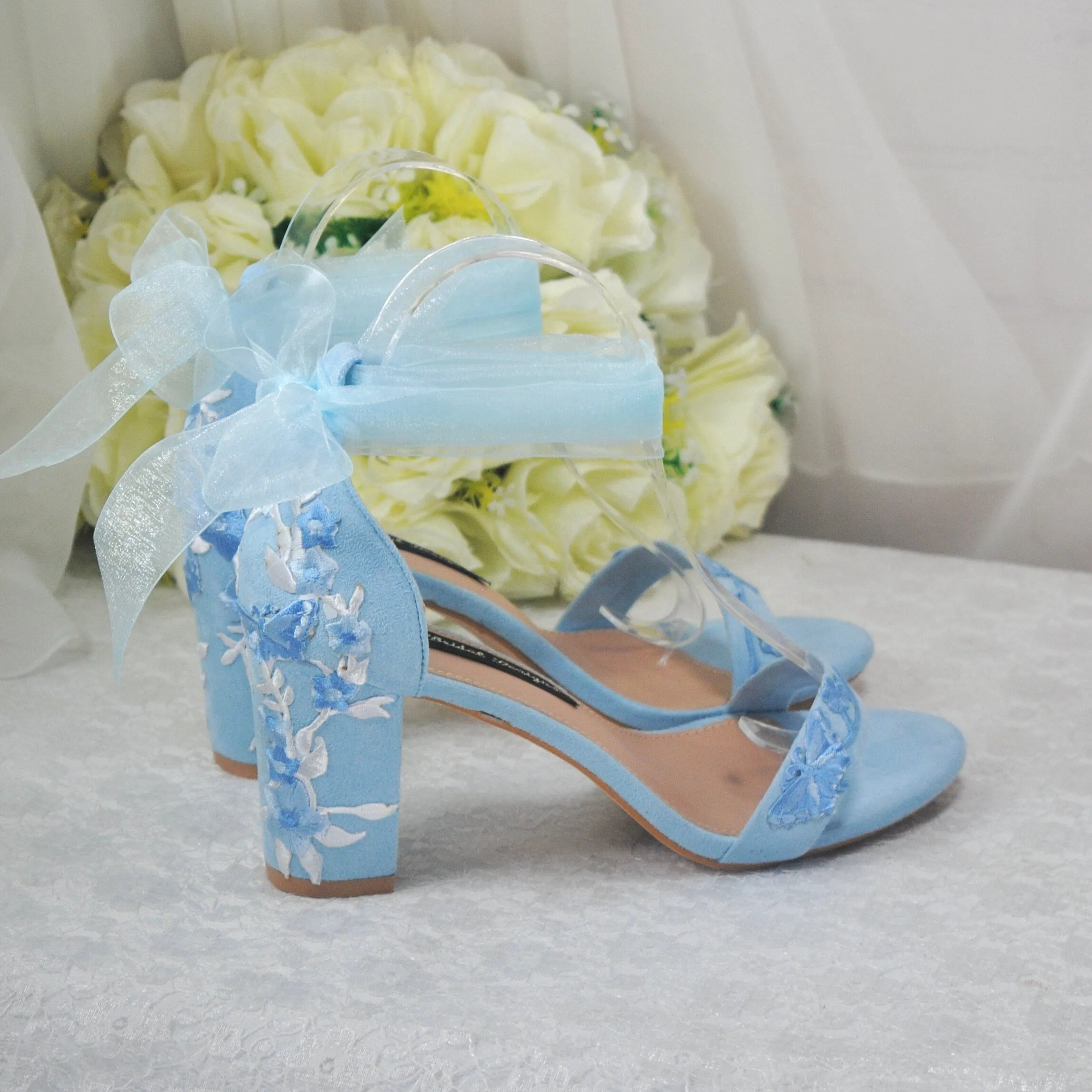 Blue Suede Bridal Sandals with Floral Embroidery UK4 / US6.5