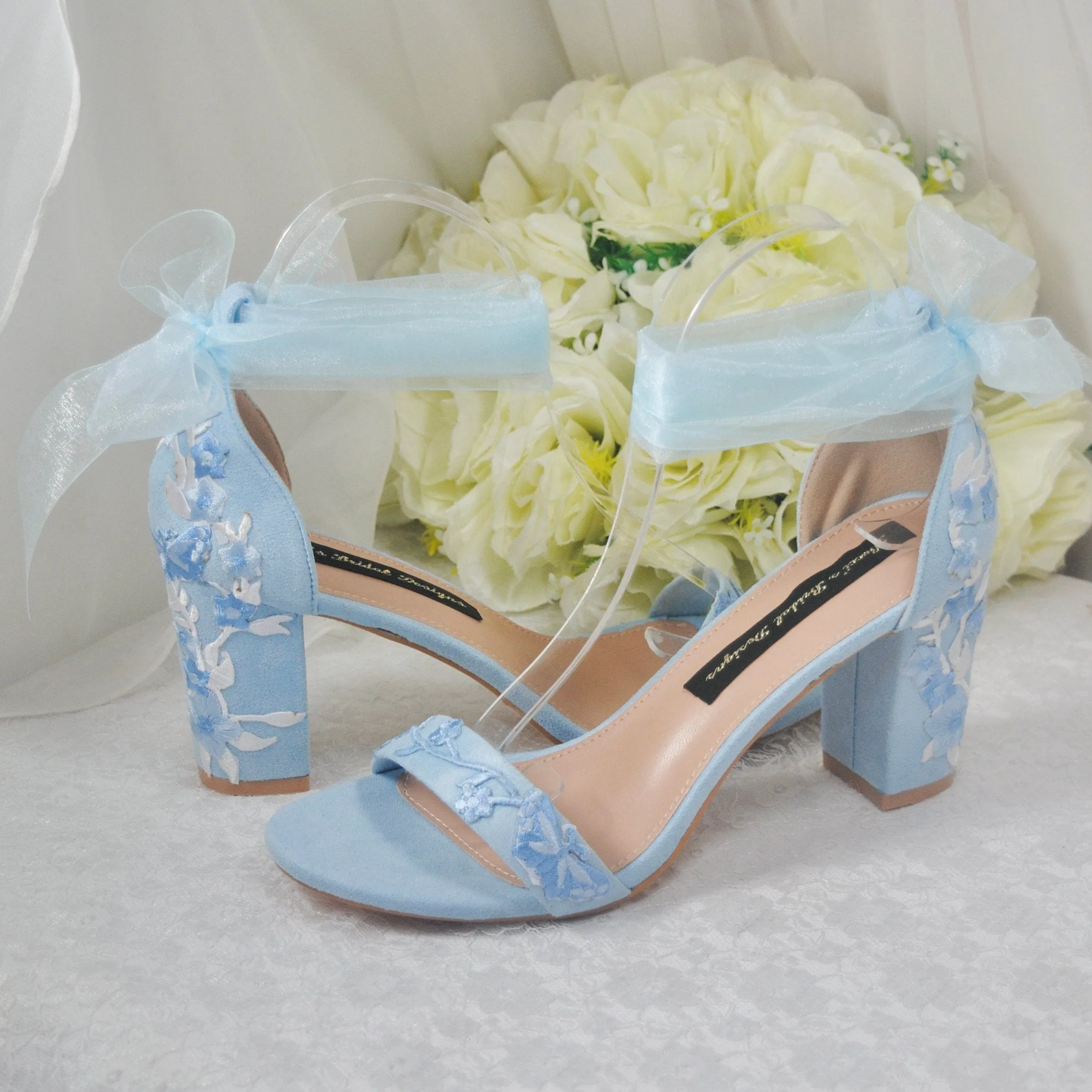 Blue Suede Bridal Sandals with Floral Embroidery UK4 / US6.5