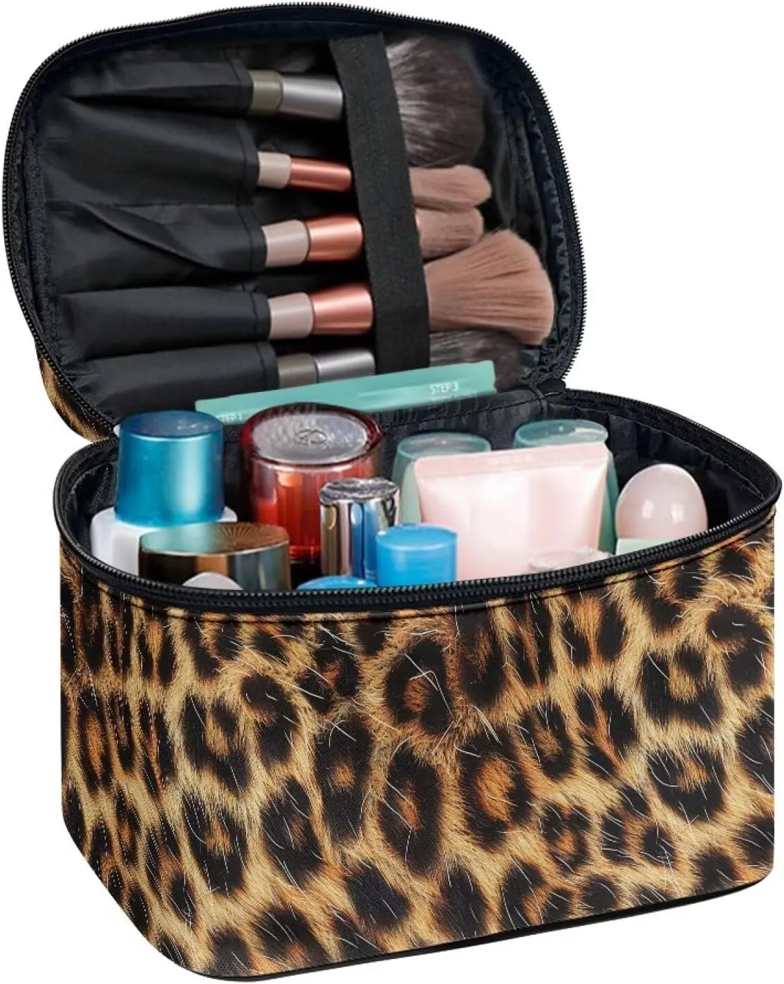 Boatee Animal Leopard Pattern Cosmetic Bag Zip Closure Makeup Bag Portable Cosmetics Bag Pouch Organizer Makeup Case Multi-Functional Brush Holder Tote Bag