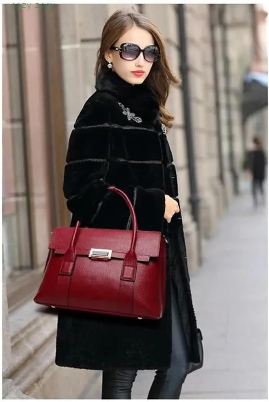 Briefcases Genuine Leather Briefcase Women Handbags Large Capacity Ladies Fashion Shoulder Messenger Bags(Brown)