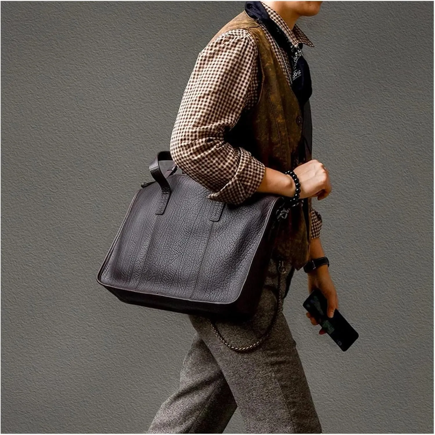 Briefcases Vintage Messenger Bags Men's Leather Briefcase Business Office Handbag Man Bag 15.6 Laptop Bag(Black)