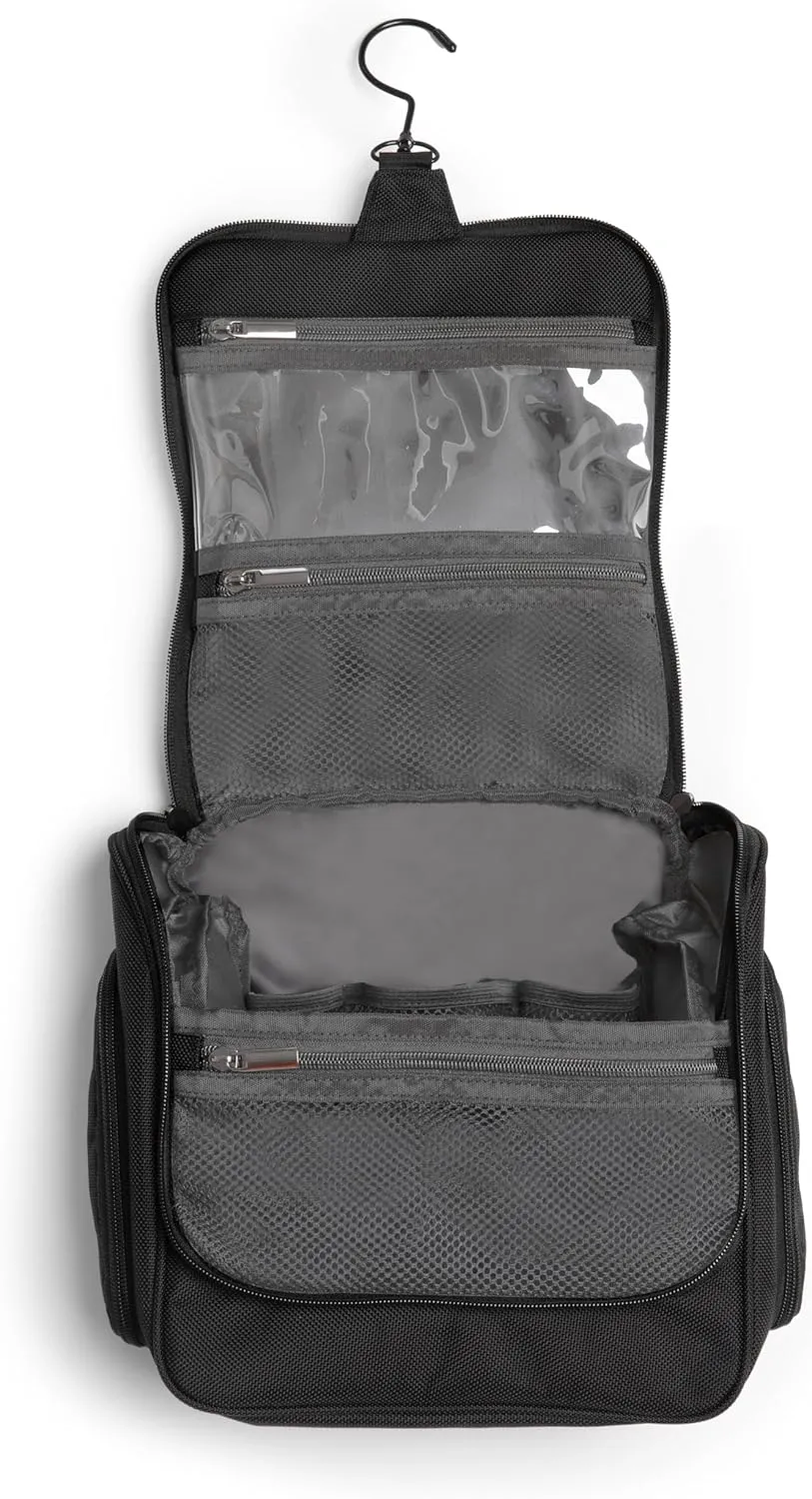 Brookstone Travel Toiletries Bag with Hanging Hook - Large Multi Functional Carrying Toiletry Pouch for Vacations, Airplanes, Trains, Buses, and Cars, Black