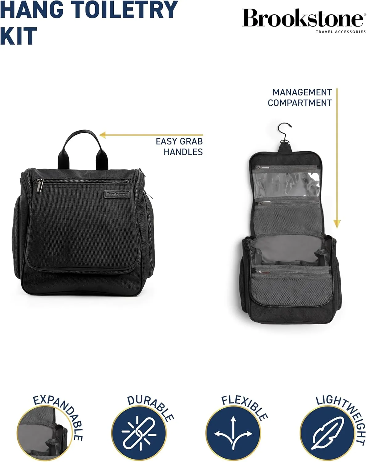 Brookstone Travel Toiletries Bag with Hanging Hook - Large Multi Functional Carrying Toiletry Pouch for Vacations, Airplanes, Trains, Buses, and Cars, Black