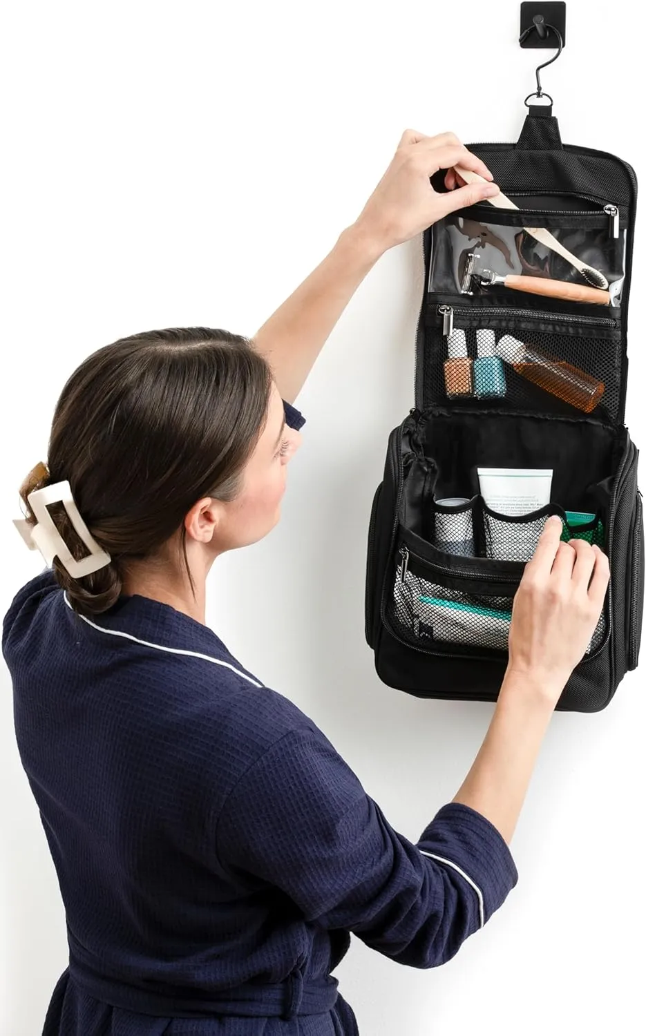 Brookstone Travel Toiletries Bag with Hanging Hook - Large Multi Functional Carrying Toiletry Pouch for Vacations, Airplanes, Trains, Buses, and Cars, Black