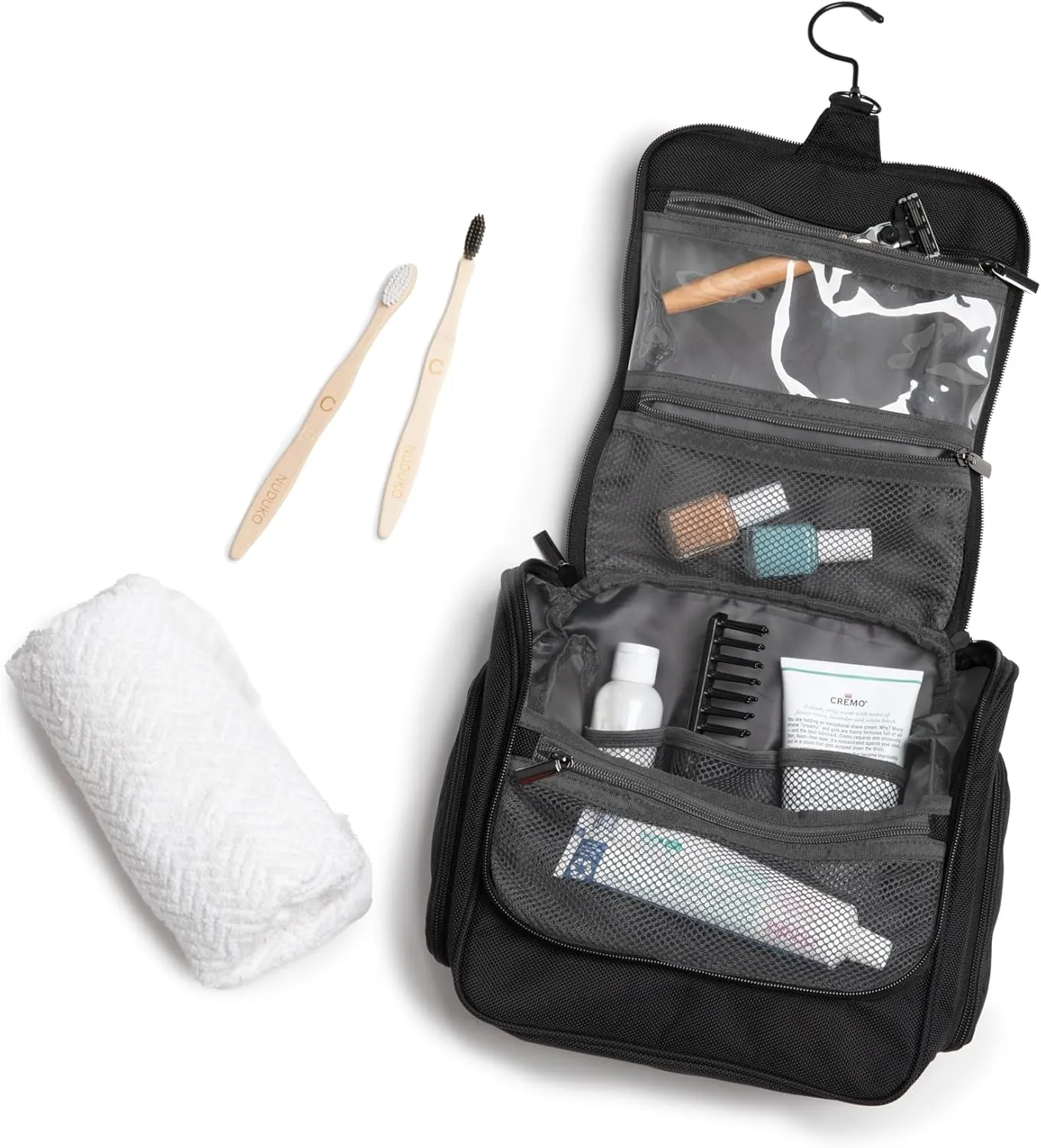 Brookstone Travel Toiletries Bag with Hanging Hook - Large Multi Functional Carrying Toiletry Pouch for Vacations, Airplanes, Trains, Buses, and Cars, Black