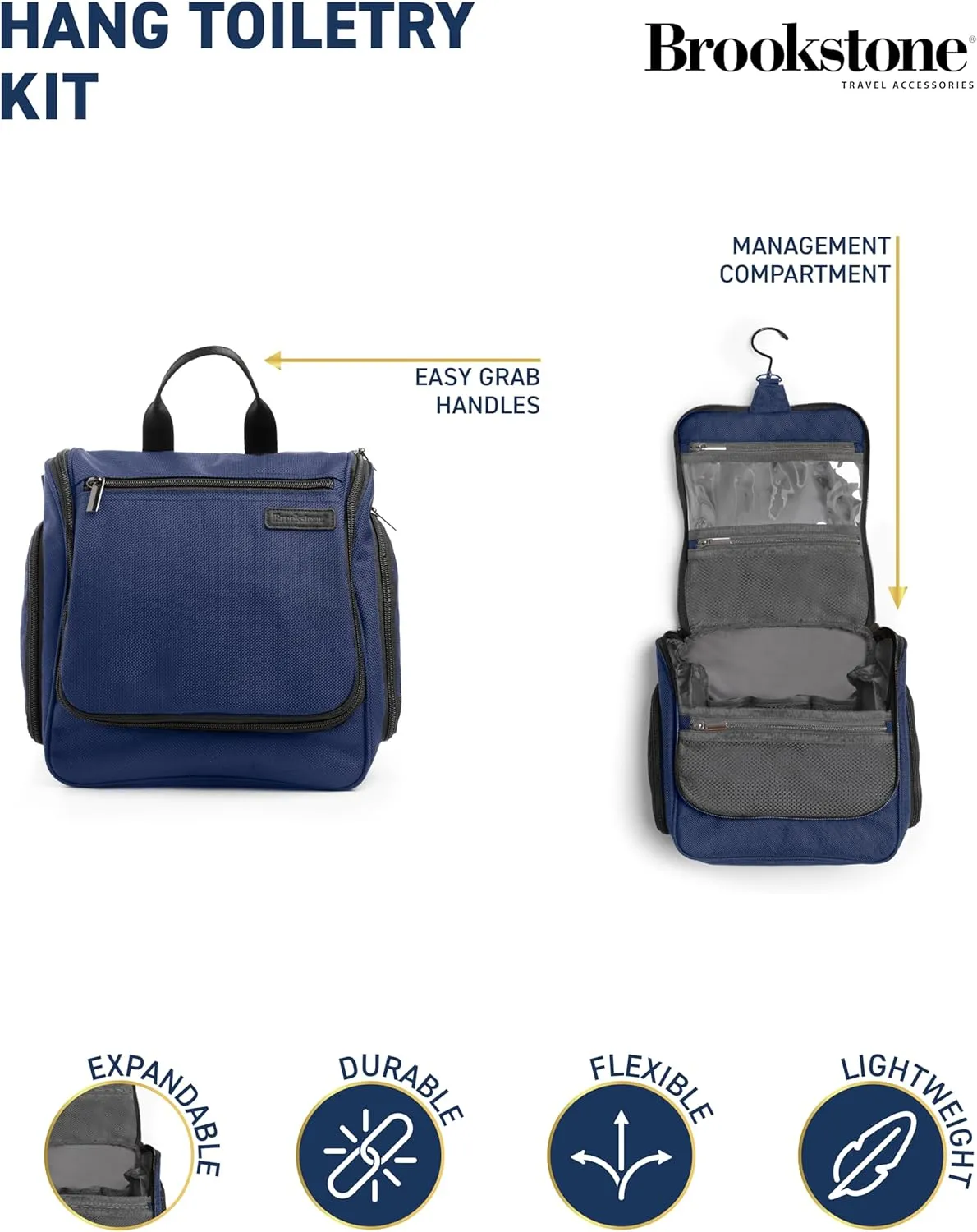 Brookstone Travel Toiletries Bag with Hanging Hook - Large Multi Functional Carrying Toiletry Pouch for Vacations, Airplanes, Trains, Buses, and Cars, Blue