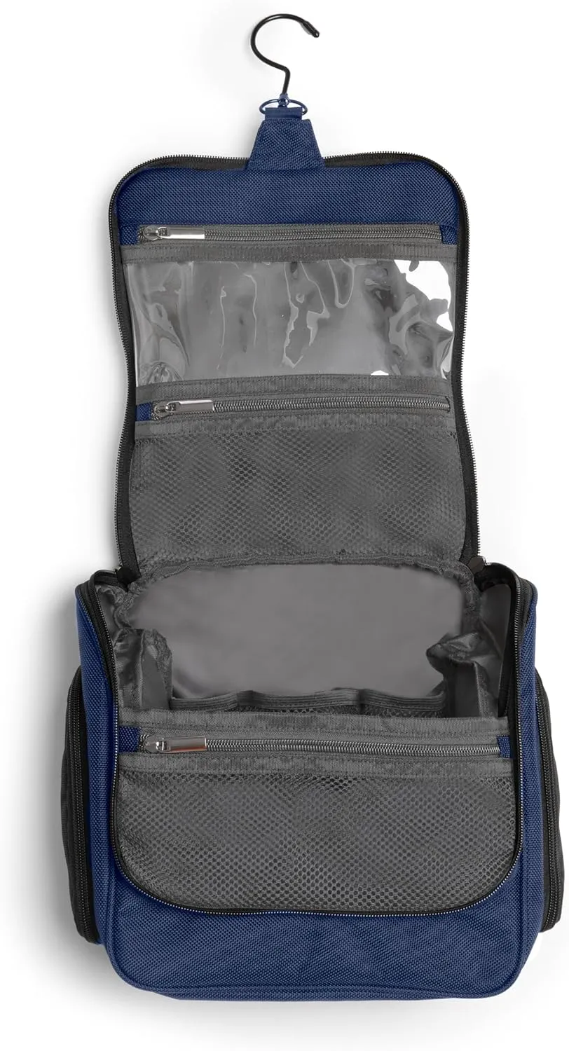 Brookstone Travel Toiletries Bag with Hanging Hook - Large Multi Functional Carrying Toiletry Pouch for Vacations, Airplanes, Trains, Buses, and Cars, Blue