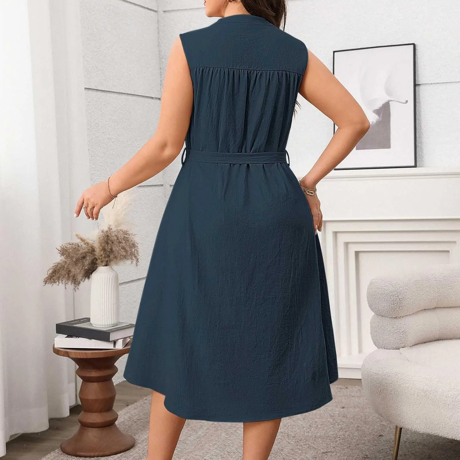 Button-Up Sleeveless Dress for Women Summer Casual Knee Length Sundress Plus Size Tie Waist Crewneck Midi Dresses