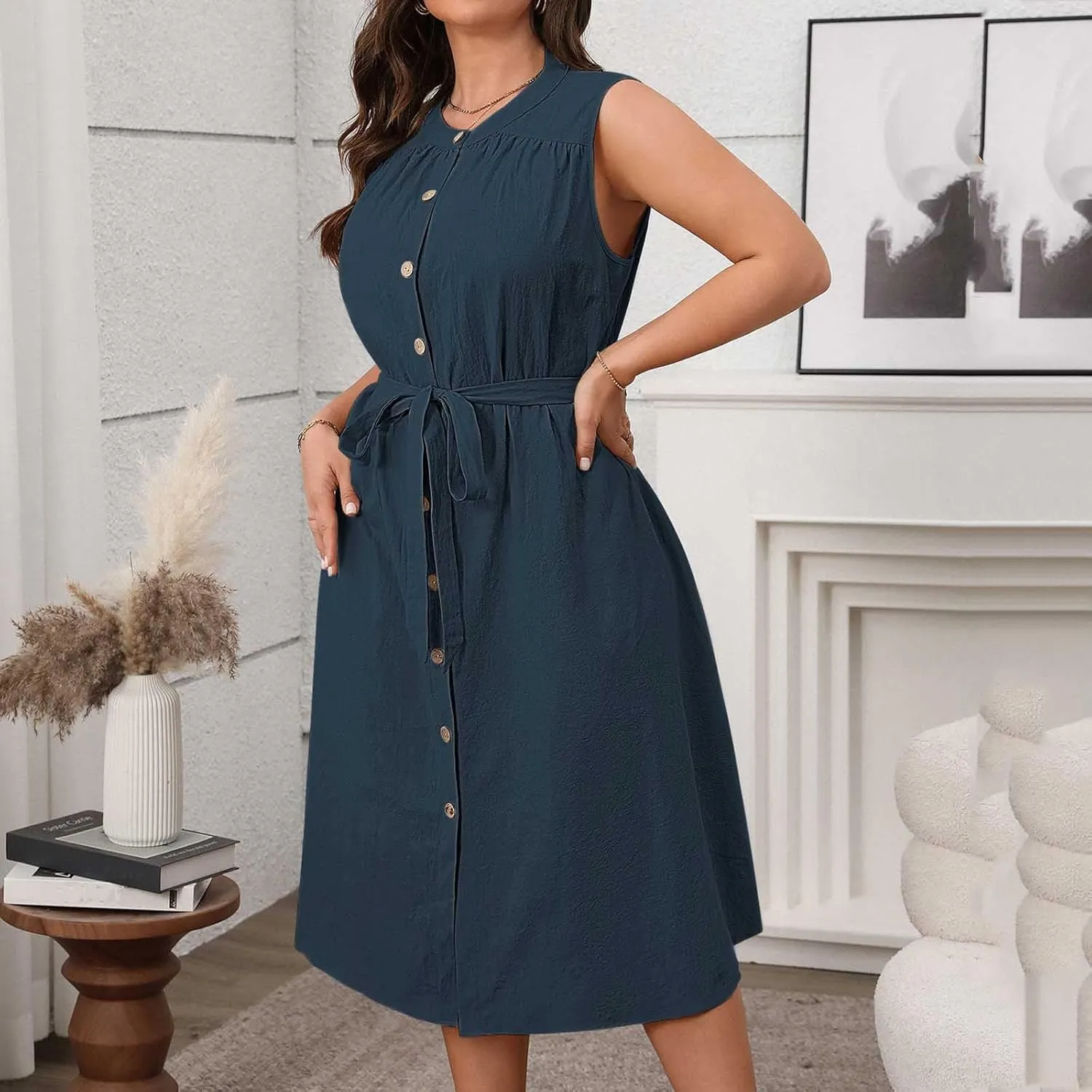 Button-Up Sleeveless Dress for Women Summer Casual Knee Length Sundress Plus Size Tie Waist Crewneck Midi Dresses
