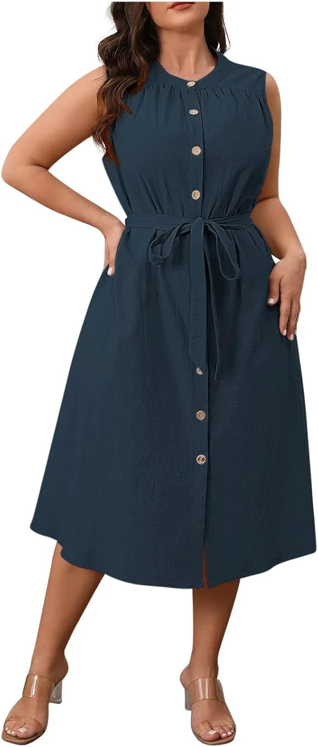 Button-Up Sleeveless Dress for Women Summer Casual Knee Length Sundress Plus Size Tie Waist Crewneck Midi Dresses