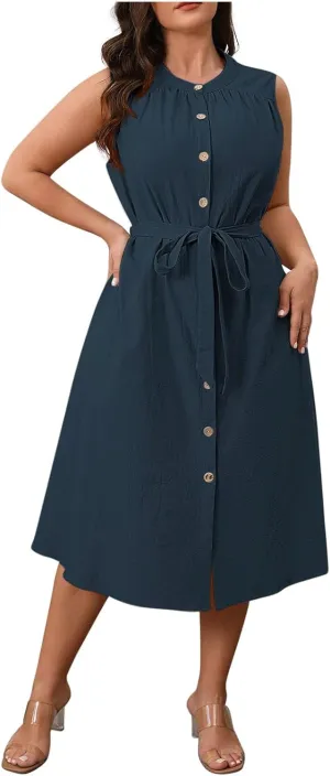 Button-Up Sleeveless Dress for Women Summer Casual Knee Length Sundress Plus Size Tie Waist Crewneck Midi Dresses