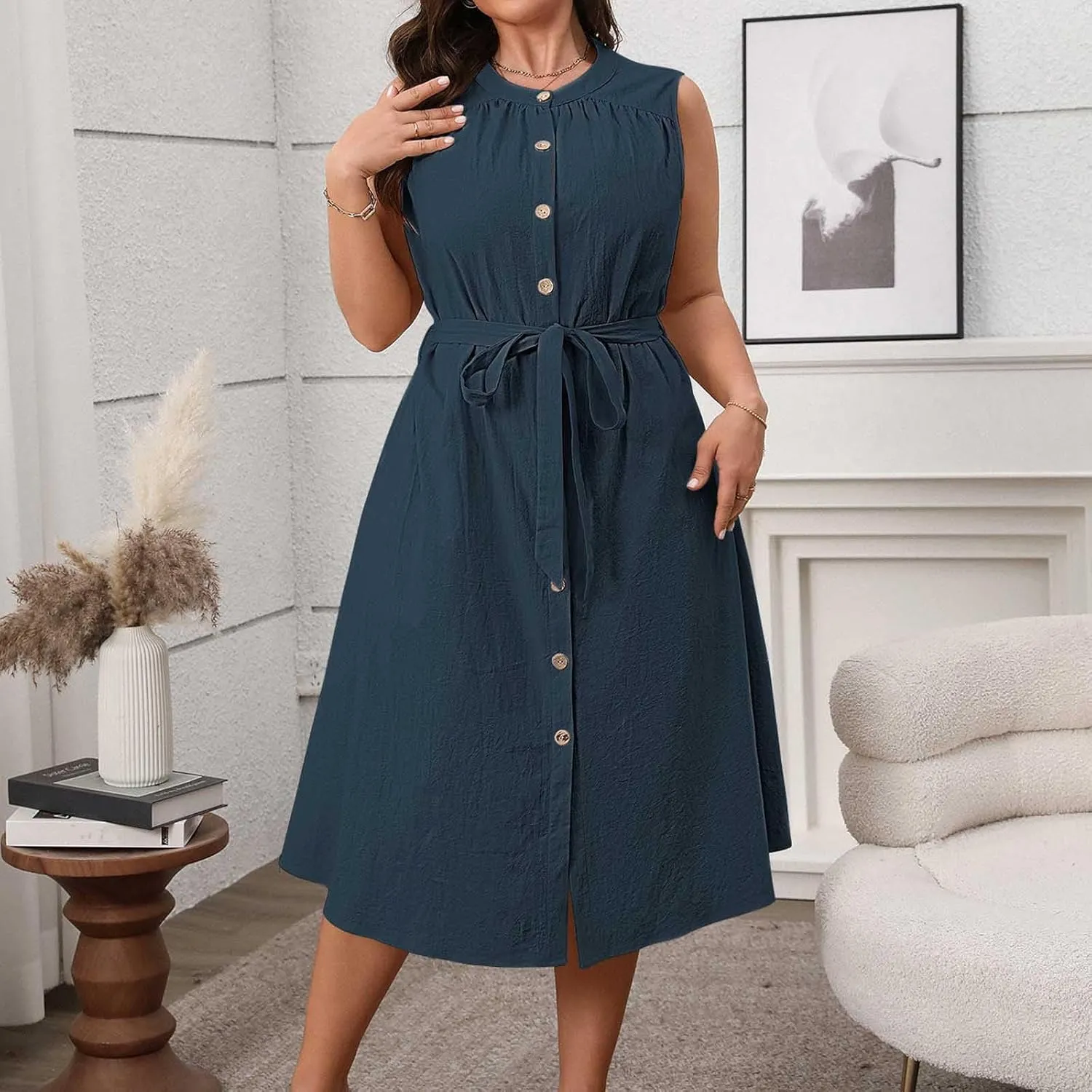 Button-Up Sleeveless Dress for Women Summer Casual Knee Length Sundress Plus Size Tie Waist Crewneck Midi Dresses